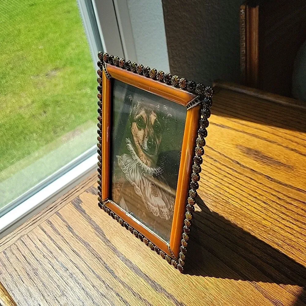 Vtg enamel & faux gemstone picture frame copper 4x6 photo Royal Dog art print